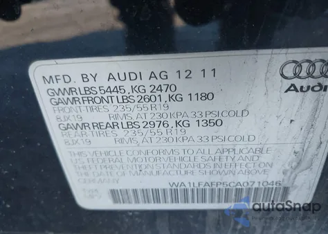 2012 Audi Q5 2.0T Premium z USA, uszkodzony, nr VIN WA1LFAFP5CA071046